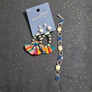 Universal Thread Multicolor Tassel Earrings and Blue Bracelet Set